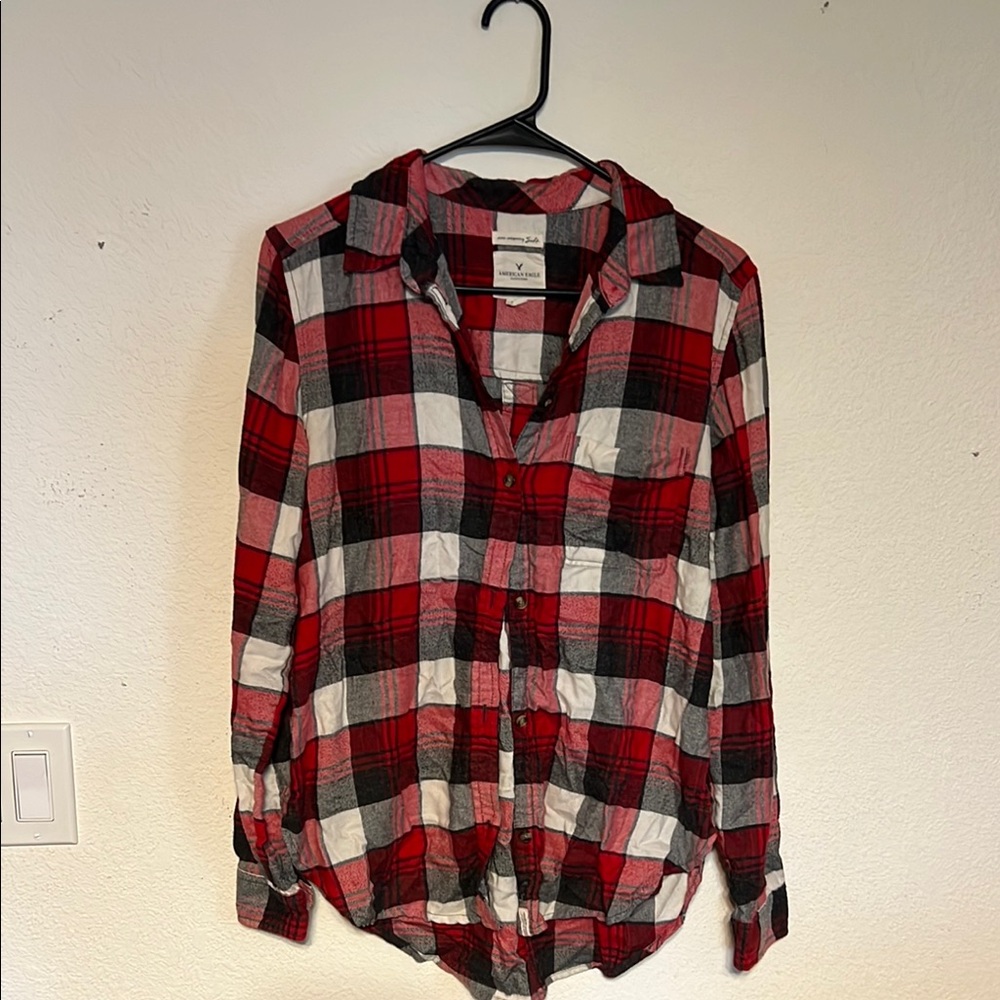 American Eagle Outfitters Red and Gray Plaid Shirt